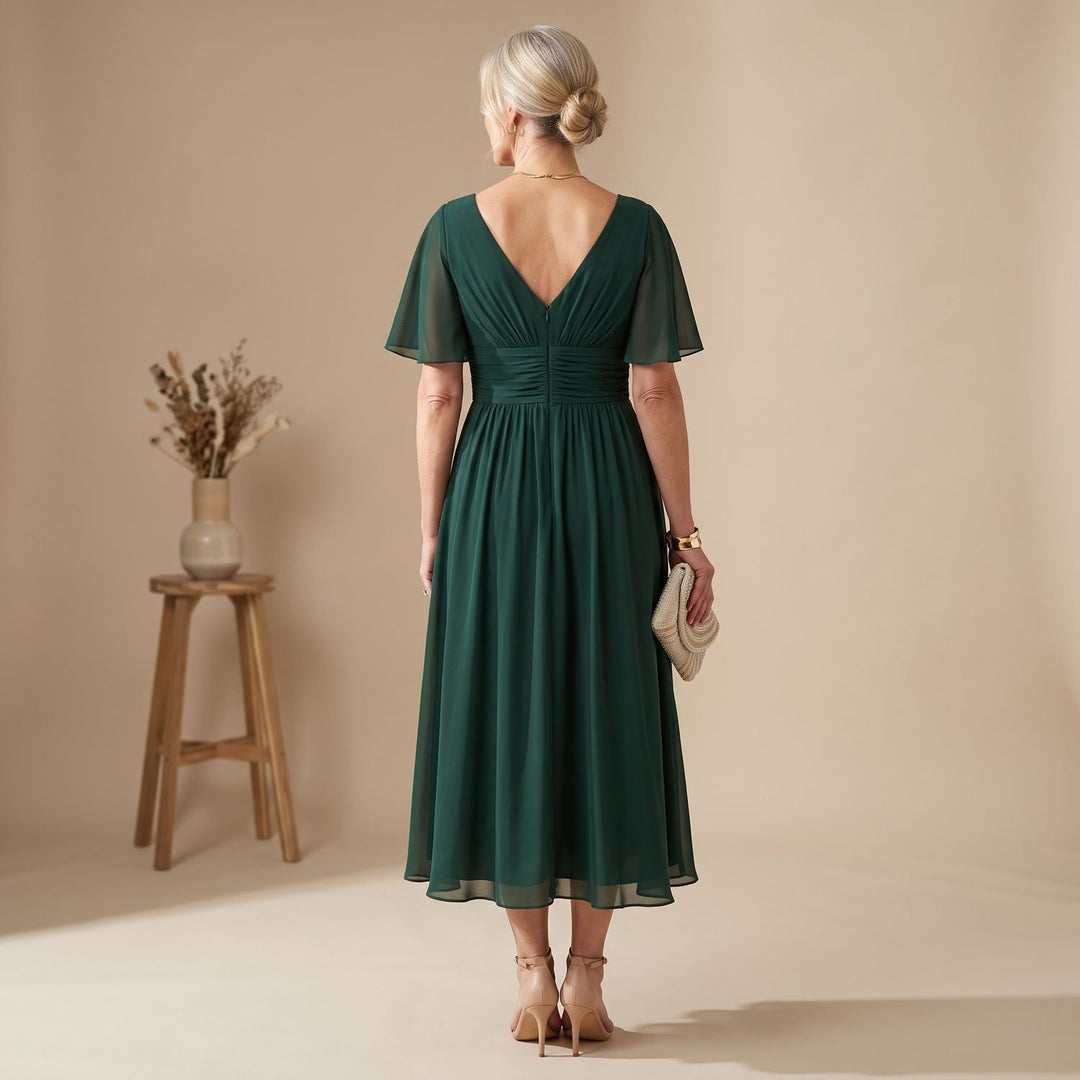 Damen Elegantes V-Ausschnitt Abendkleid mit Flatterärmeln Midi