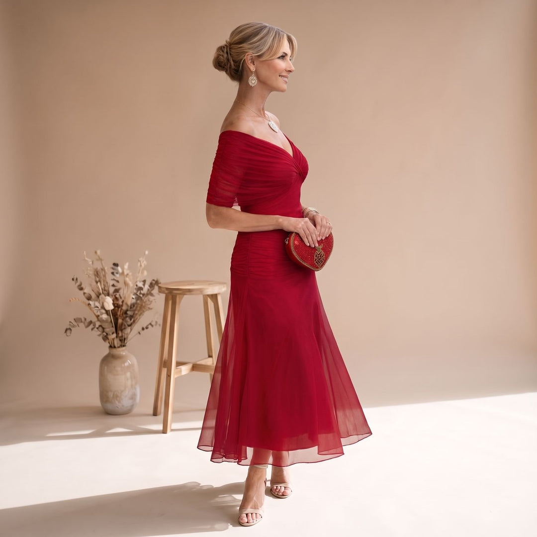 Damen Elegantes V-Ausschnitt Abendkleid mit Flatterärmeln Midi