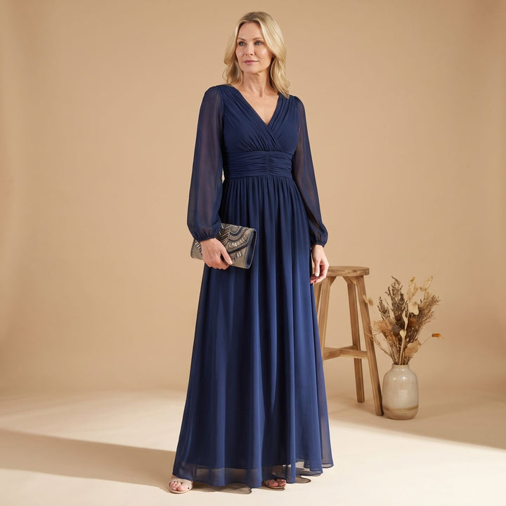 Damen Elegantes V-Ausschnitt Abendkleid mit Flatterärmeln Midi - Dunkelblau