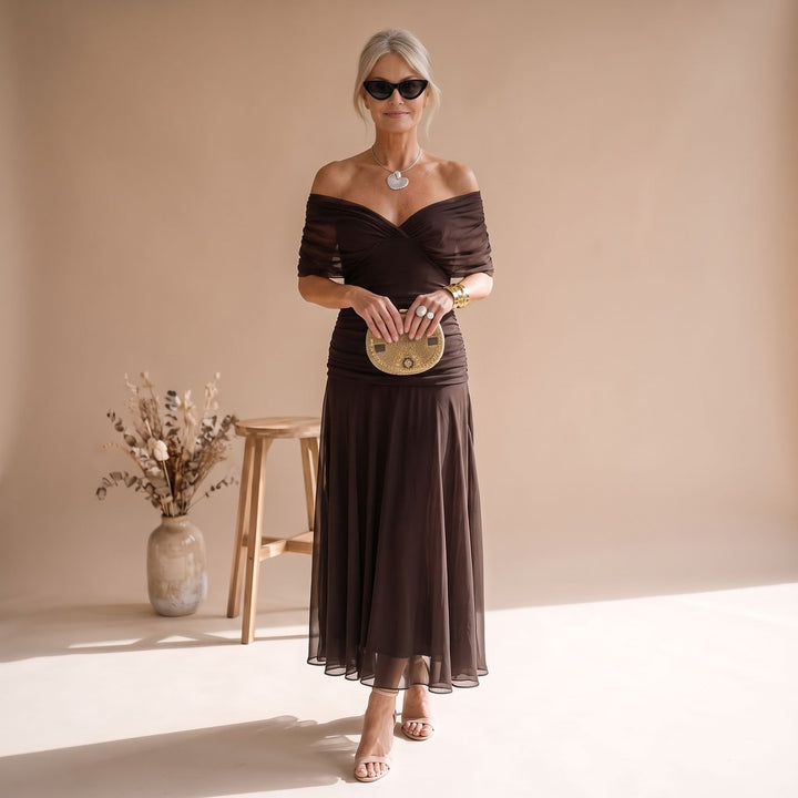 Damen Elegantes V-Ausschnitt Abendkleid mit Flatterärmeln Midi - Braun