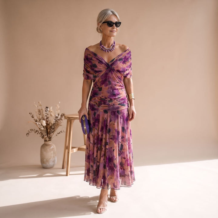 Damen Elegantes V-Ausschnitt Abendkleid mit Flatterärmeln Midi - Lila