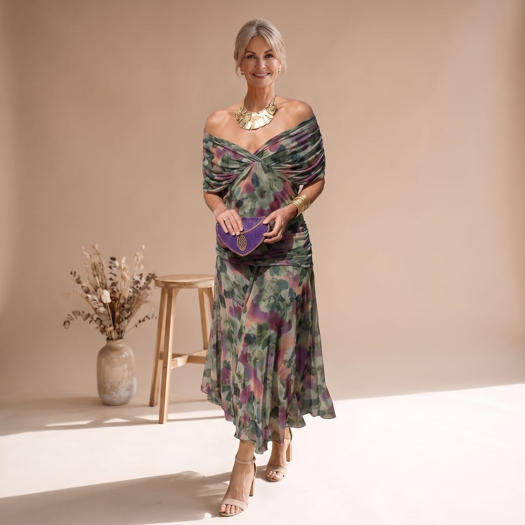 Damen Elegantes V-Ausschnitt Abendkleid mit Flatterärmeln Midi - Olivgrün