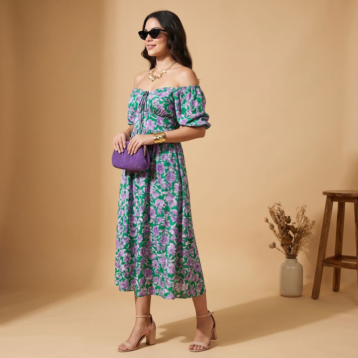 Damen Elegantes V-Ausschnitt Abendkleid mit Flatterärmeln Midi - Grün-Rosa