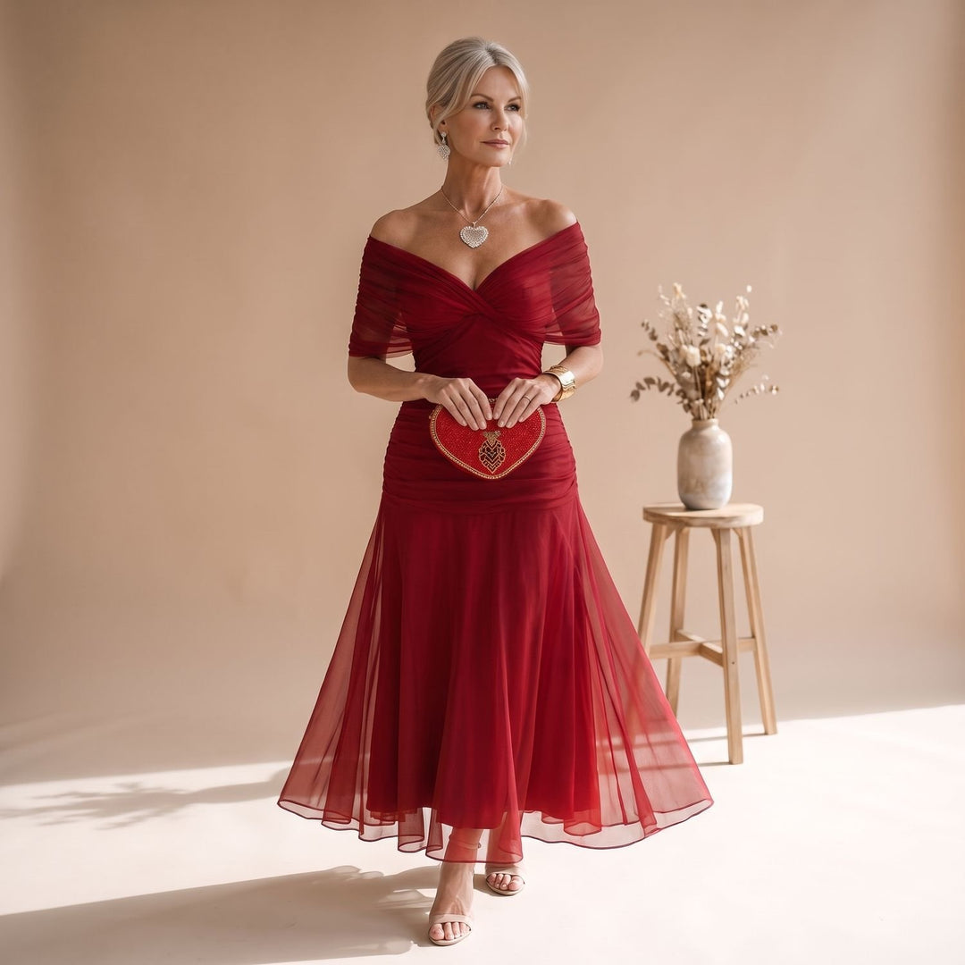 Damen Elegantes V-Ausschnitt Abendkleid mit Flatterärmeln Midi - Rot