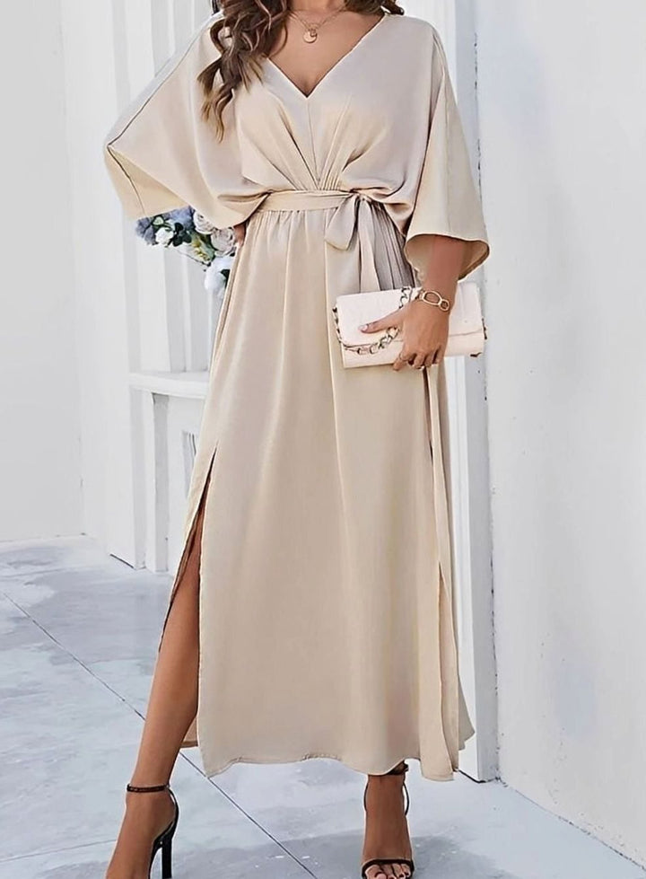 Damen Elegantes V-Ausschnitt Maxikleid mit Bindegürtel und Seitenschlitz - Beige