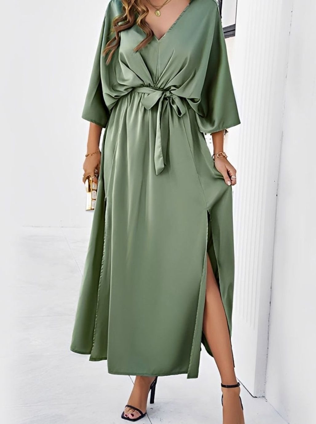 Damen Elegantes V-Ausschnitt Maxikleid mit Bindegürtel und Seitenschlitz - Grün