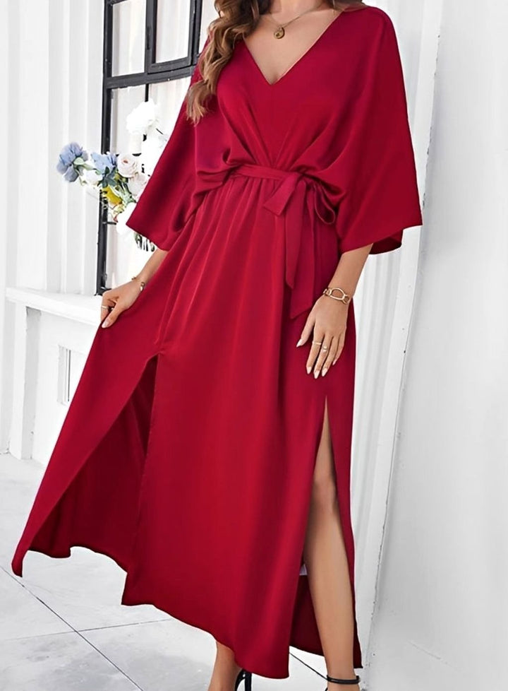 Damen Elegantes V-Ausschnitt Maxikleid mit Bindegürtel und Seitenschlitz - Rot