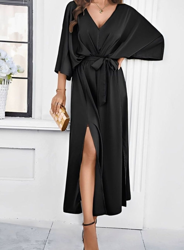 Damen Elegantes V-Ausschnitt Maxikleid mit Bindegürtel und Seitenschlitz - Schwarz