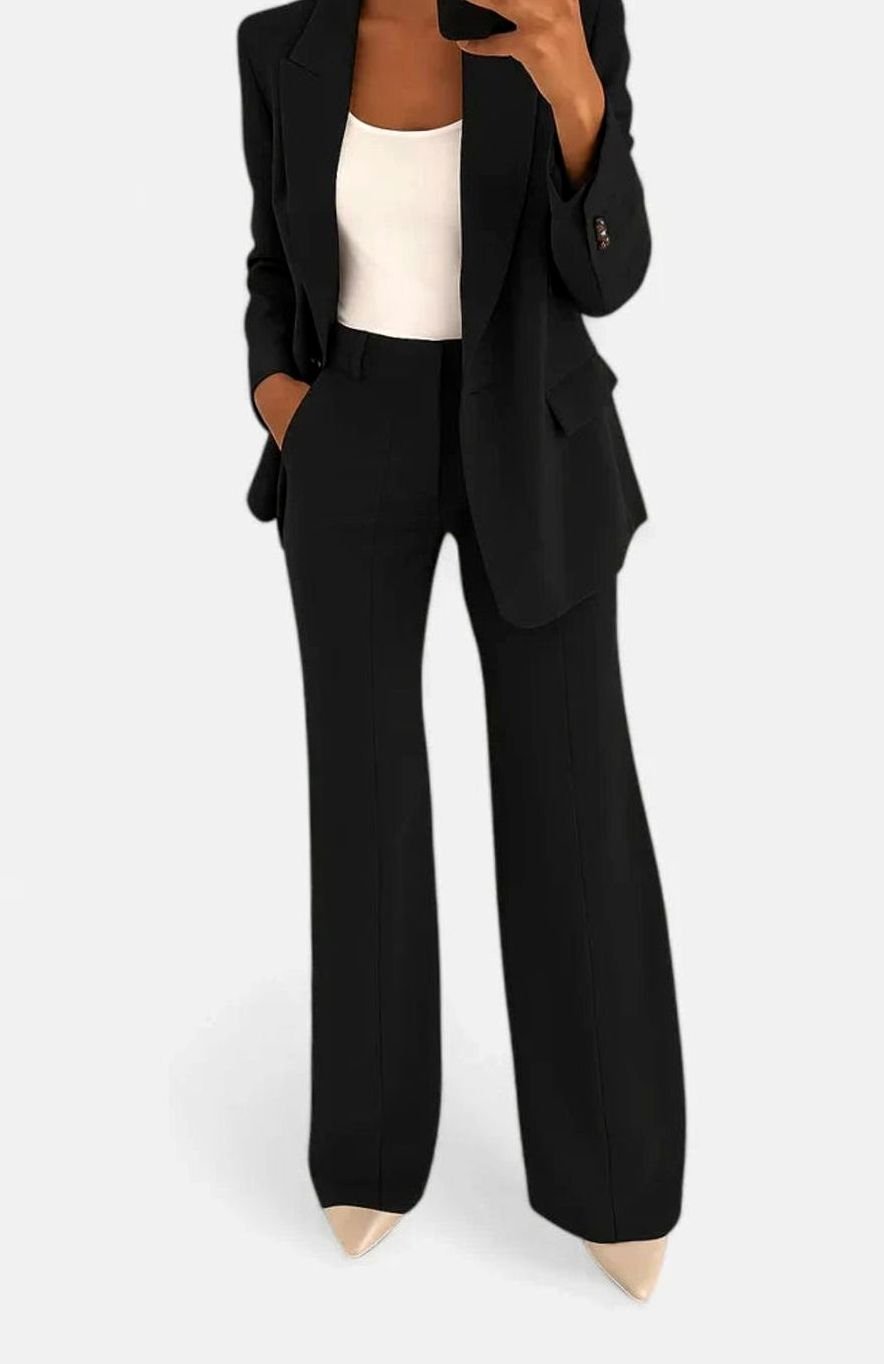 Damen Elegantes Zweiteiler-Hosenanzug-Set mit Blazer und Schlaghose - Schwarz