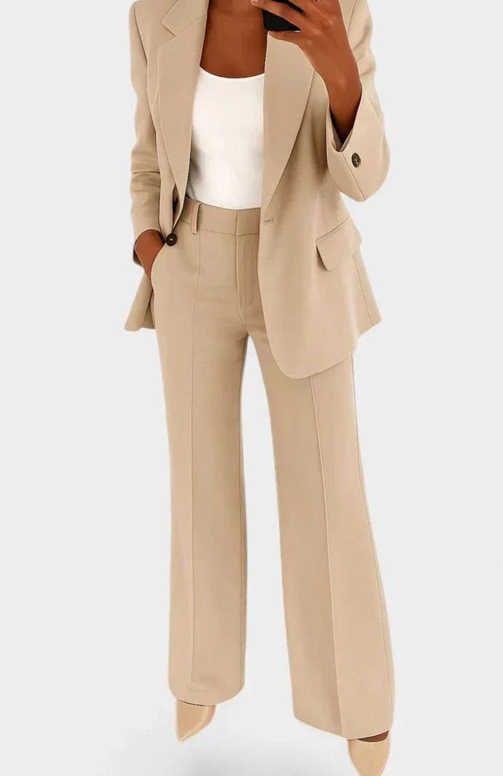 Damen Elegantes Zweiteiler-Hosenanzug-Set mit Blazer und Schlaghose - Beige