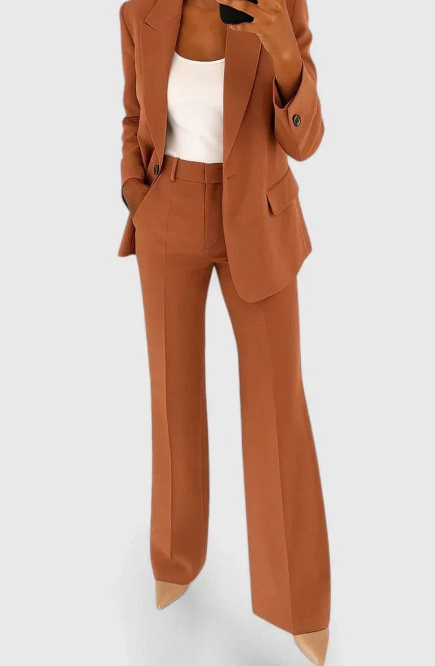 Damen Elegantes Zweiteiler-Hosenanzug-Set mit Blazer und Schlaghose - Braun