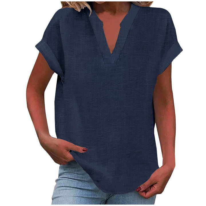 Damen Entspannte V-Ausschnitt Linen-Look Bluse - Navy Blue