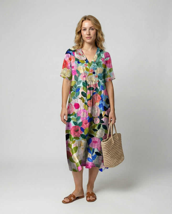 Damen Entspanntes Leinen-Midi-Kleid V-Ausschnitt Kurzarm - Colourful Floral