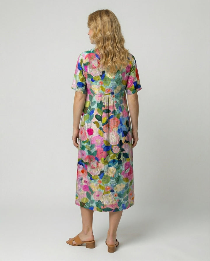 Damen Entspanntes Leinen-Midi-Kleid V-Ausschnitt Kurzarm