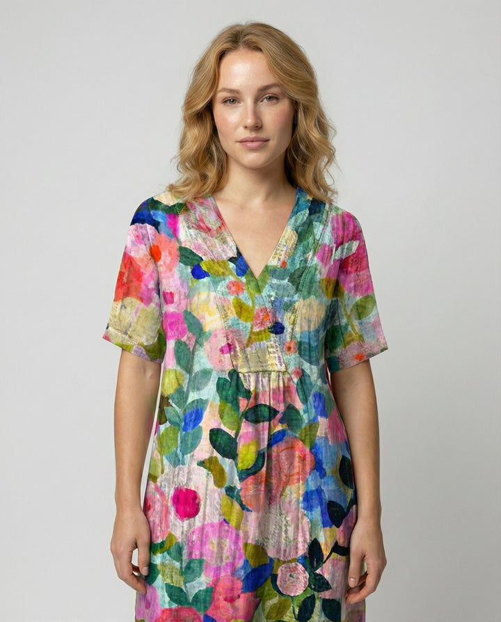 Damen Entspanntes Leinen-Midi-Kleid V-Ausschnitt Kurzarm