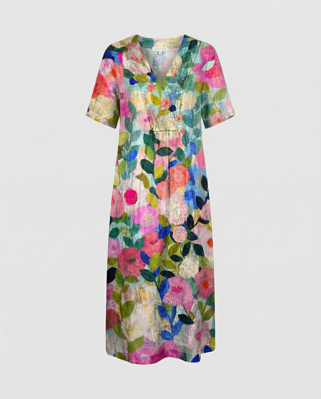 Damen Entspanntes Leinen-Midi-Kleid V-Ausschnitt Kurzarm