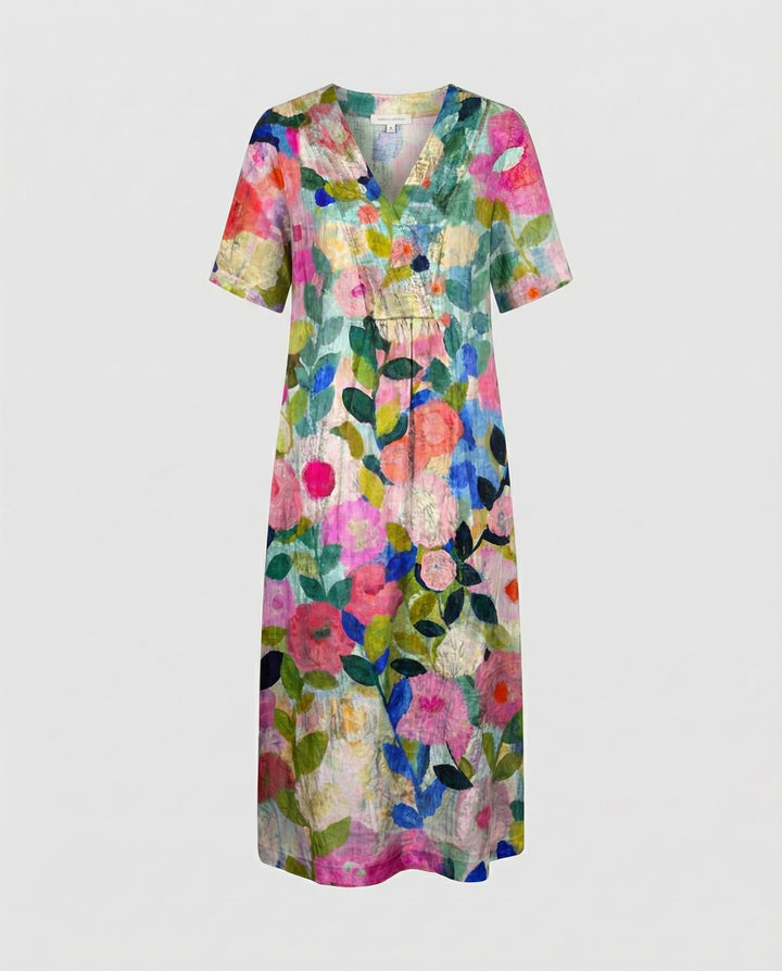 Damen Entspanntes Leinen-Midi-Kleid V-Ausschnitt Kurzarm