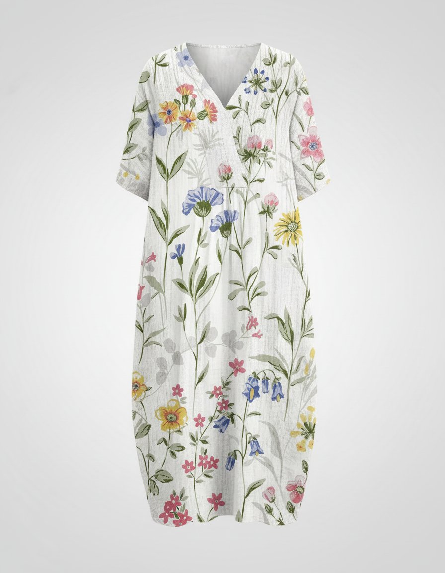 Damen Entspanntes Leinen-Midi-Kleid V-Ausschnitt Kurzarm - White