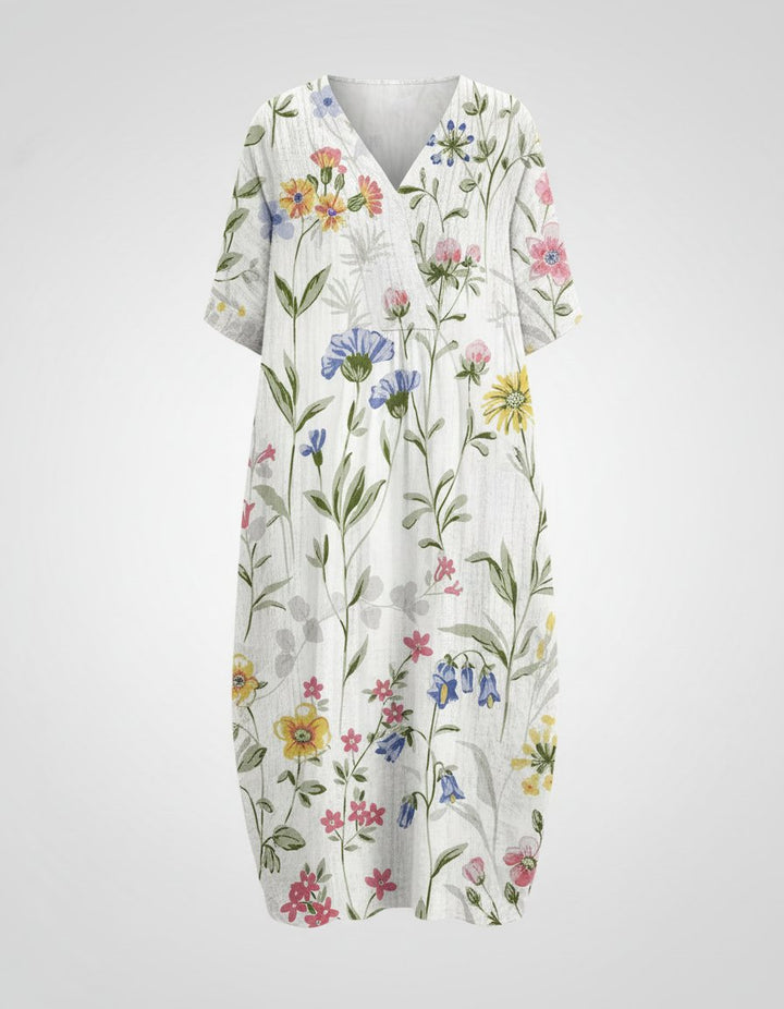 Damen Entspanntes Leinen-Midi-Kleid V-Ausschnitt Kurzarm - White