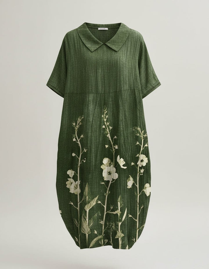 Damen Entspanntes Leinen-Midi-Kleid V-Ausschnitt Kurzarm - Green