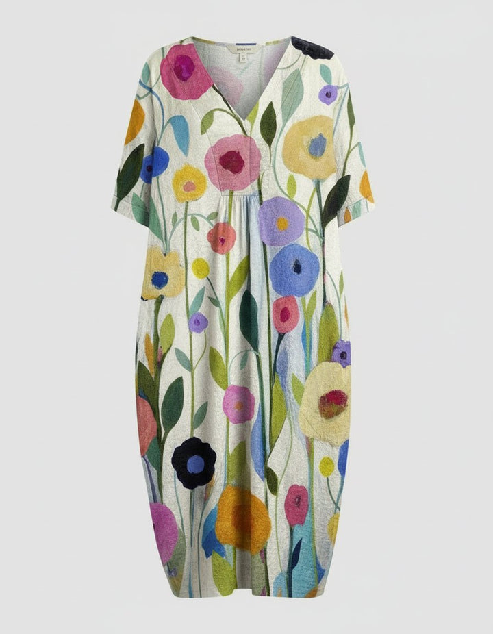 Damen Entspanntes Leinen-Midi-Kleid V-Ausschnitt Kurzarm - Colourful Big Flower
