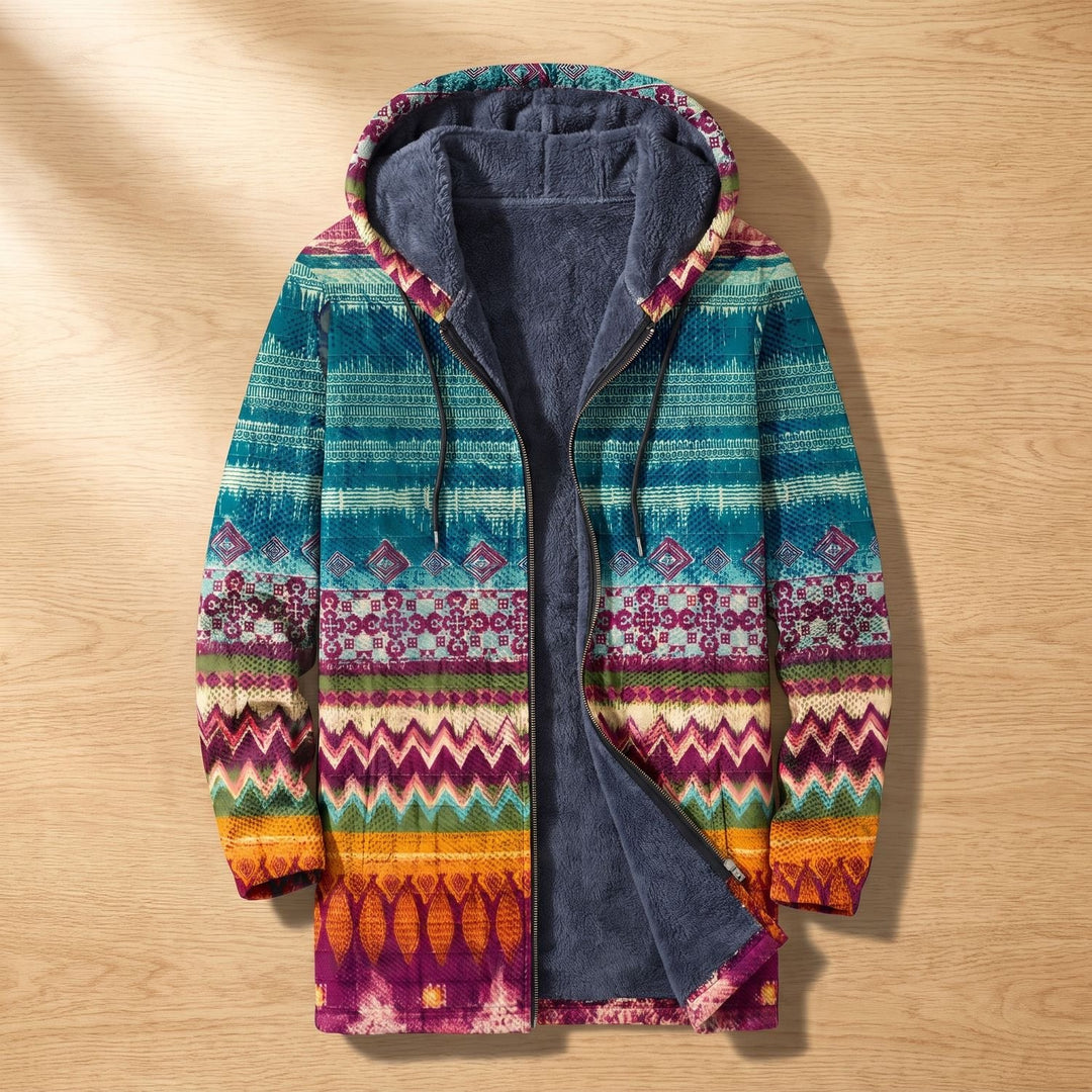 Damen Ethno Strickjacke mit Kapuze Fleecefutter Boho Muster - Mehrfarbig