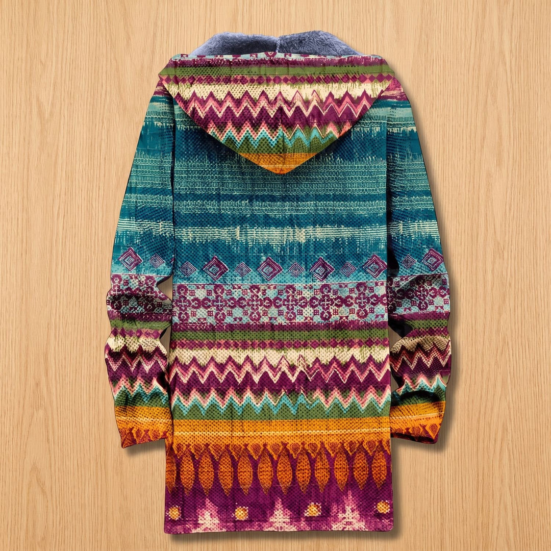 Damen Ethno Strickjacke mit Kapuze Fleecefutter Boho Muster