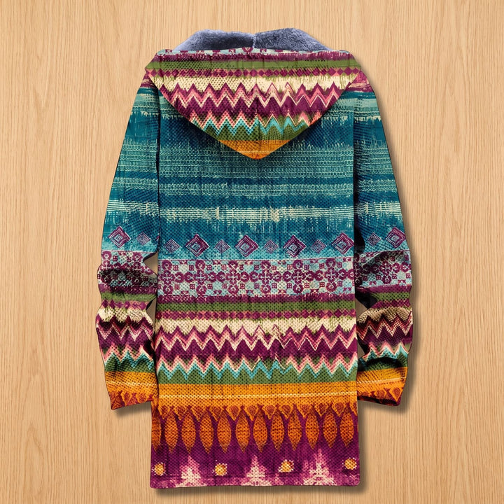 Damen Ethno Strickjacke mit Kapuze Fleecefutter Boho Muster