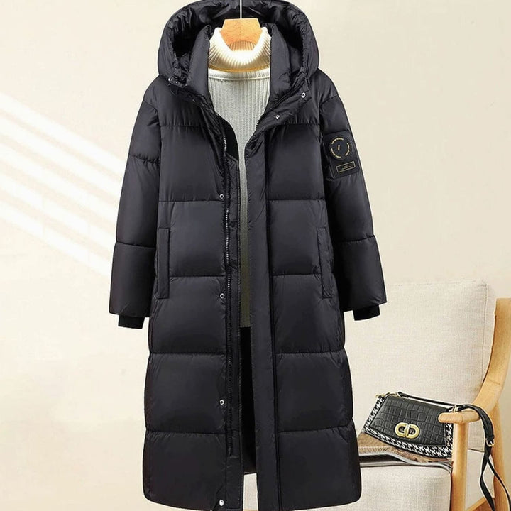Damen Extralanges Stepp-Winterparka mit Kapuze und Rippbündchen