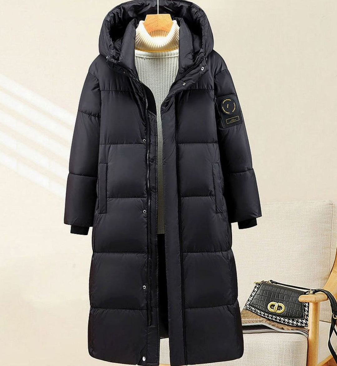 Damen Extralanges Stepp-Winterparka mit Kapuze und Rippbündchen - Schwarz