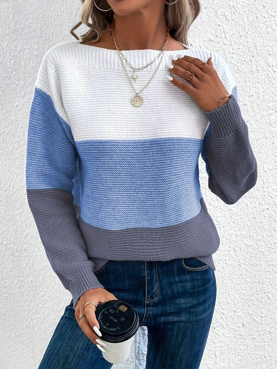 Damen Farbblock Strickpullover Rundhals Relaxed Fit Langarm - Blau