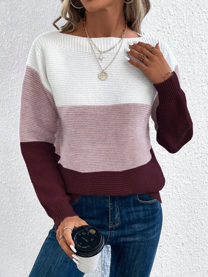 Damen Farbblock Strickpullover Rundhals Relaxed Fit Langarm - Burgunder