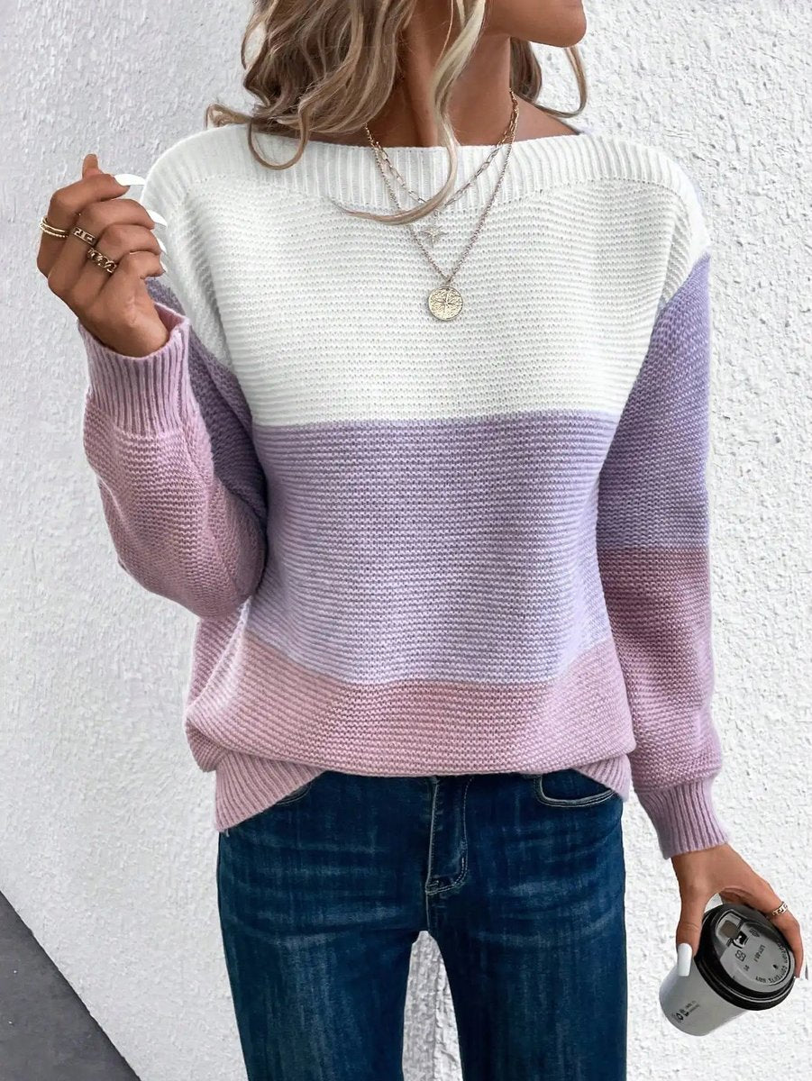 Damen Farbblock Strickpullover Rundhals Relaxed Fit Langarm - Lila