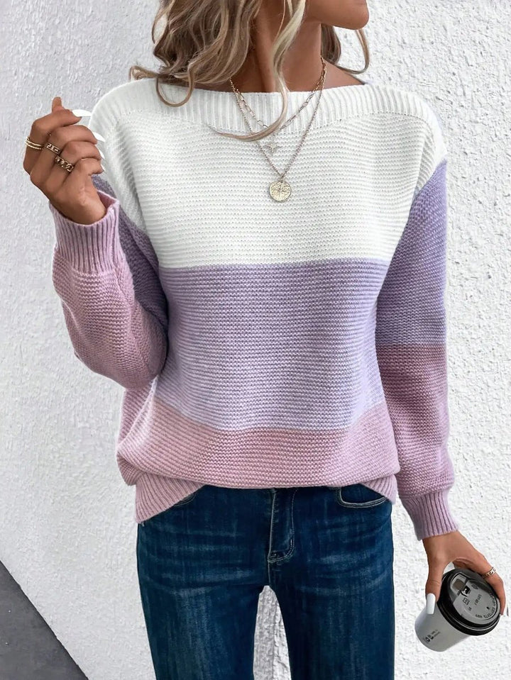 Damen Farbblock Strickpullover Rundhals Relaxed Fit Langarm - Lila