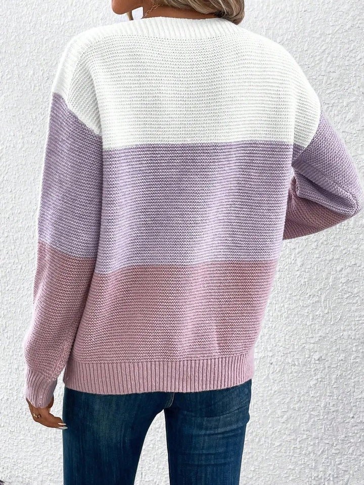 Damen Farbblock Strickpullover Rundhals Relaxed Fit Langarm