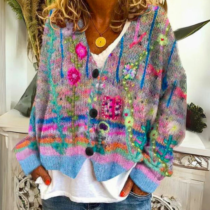Damen farbenfroher Pullover Bohème Strickjacke geknöpft