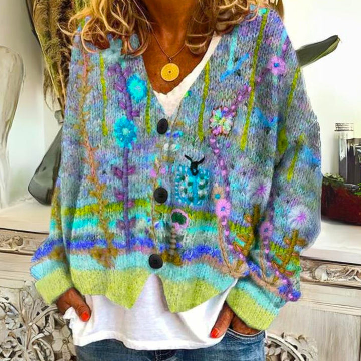 Damen farbenfroher Pullover Bohème Strickjacke geknöpft - Grün