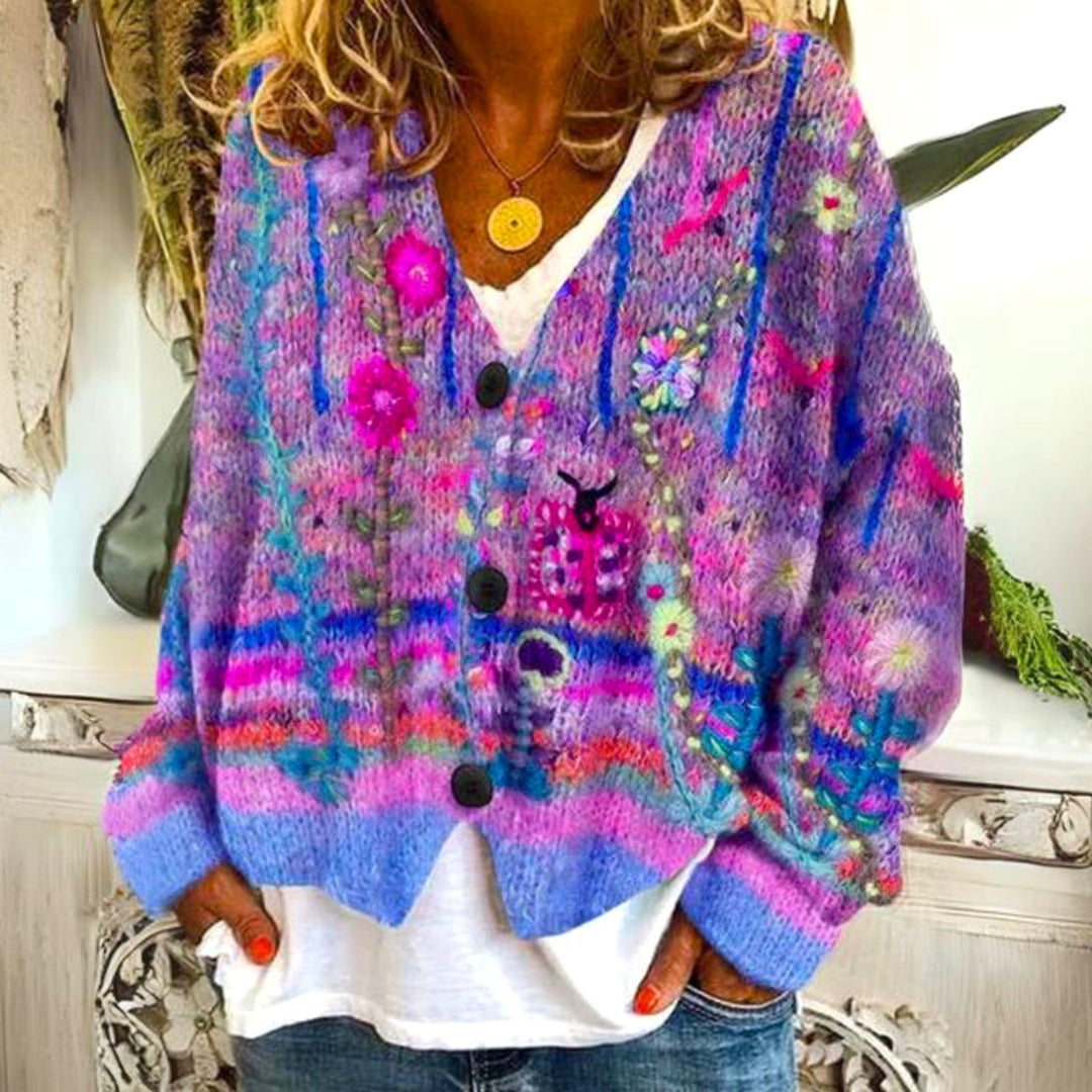 Damen farbenfroher Pullover Bohème Strickjacke geknöpft - Violett