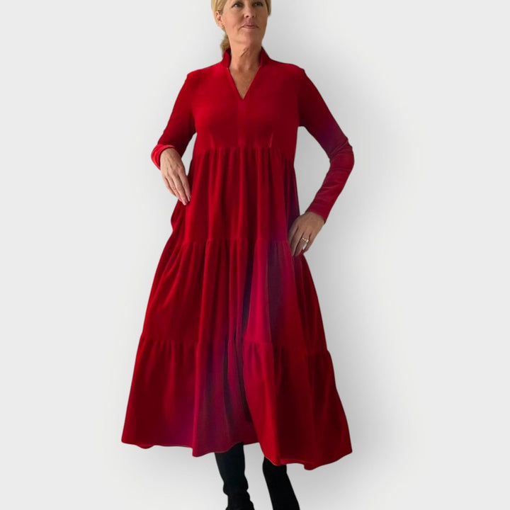 Damen Festliche Kleider Samtkleid Langarm Gestufte Maxi - Rot