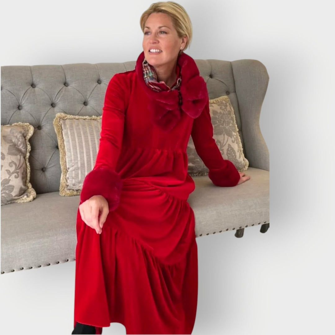 Damen Festliche Kleider Samtkleid Langarm Gestufte Maxi