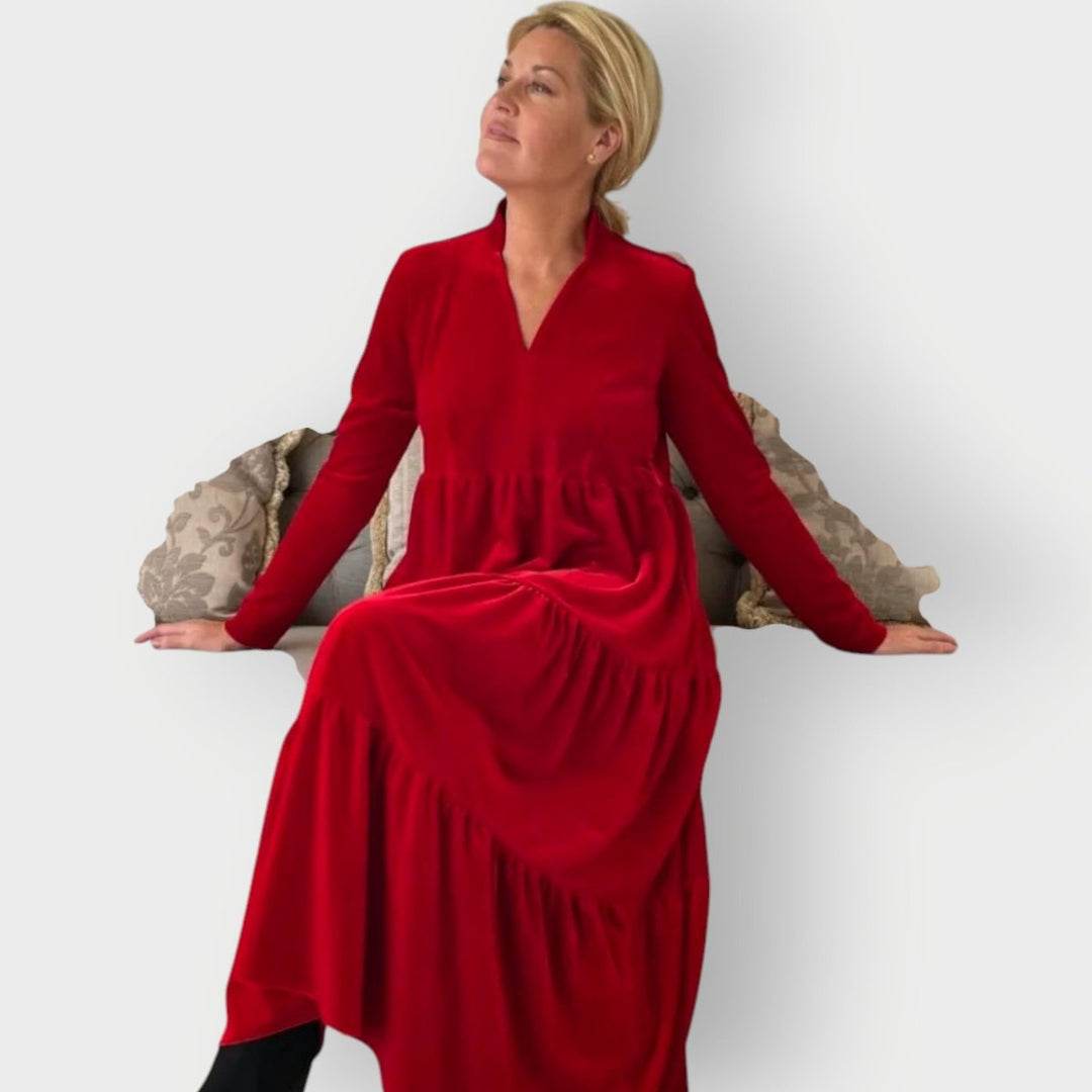 Damen Festliche Kleider Samtkleid Langarm Gestufte Maxi