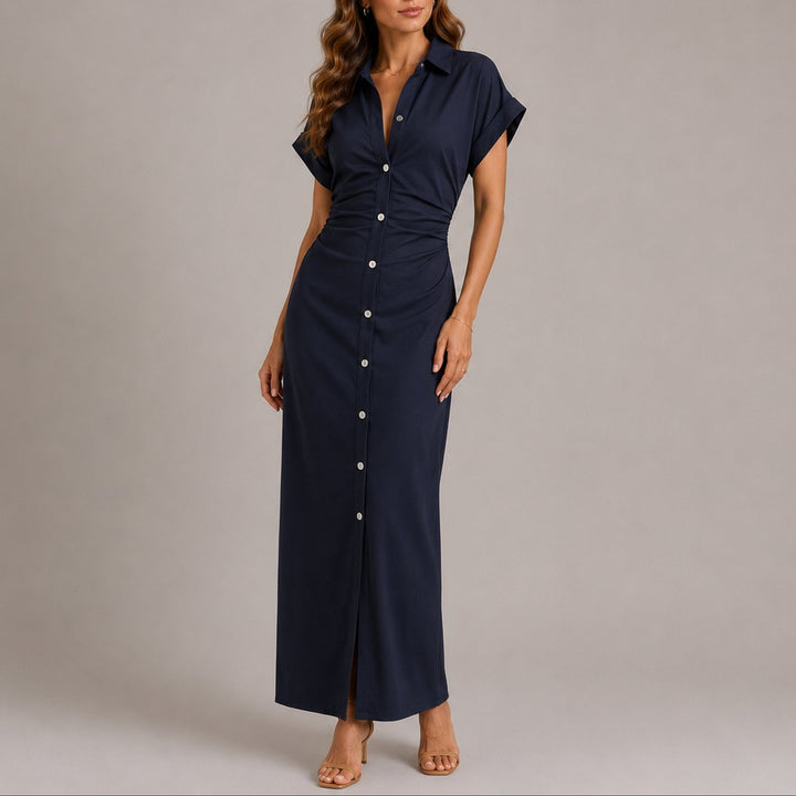 Damen Figurbetontes Maxi-Hemdblusenkleid für Herbst-Hochzeitsgäste - Marineblau