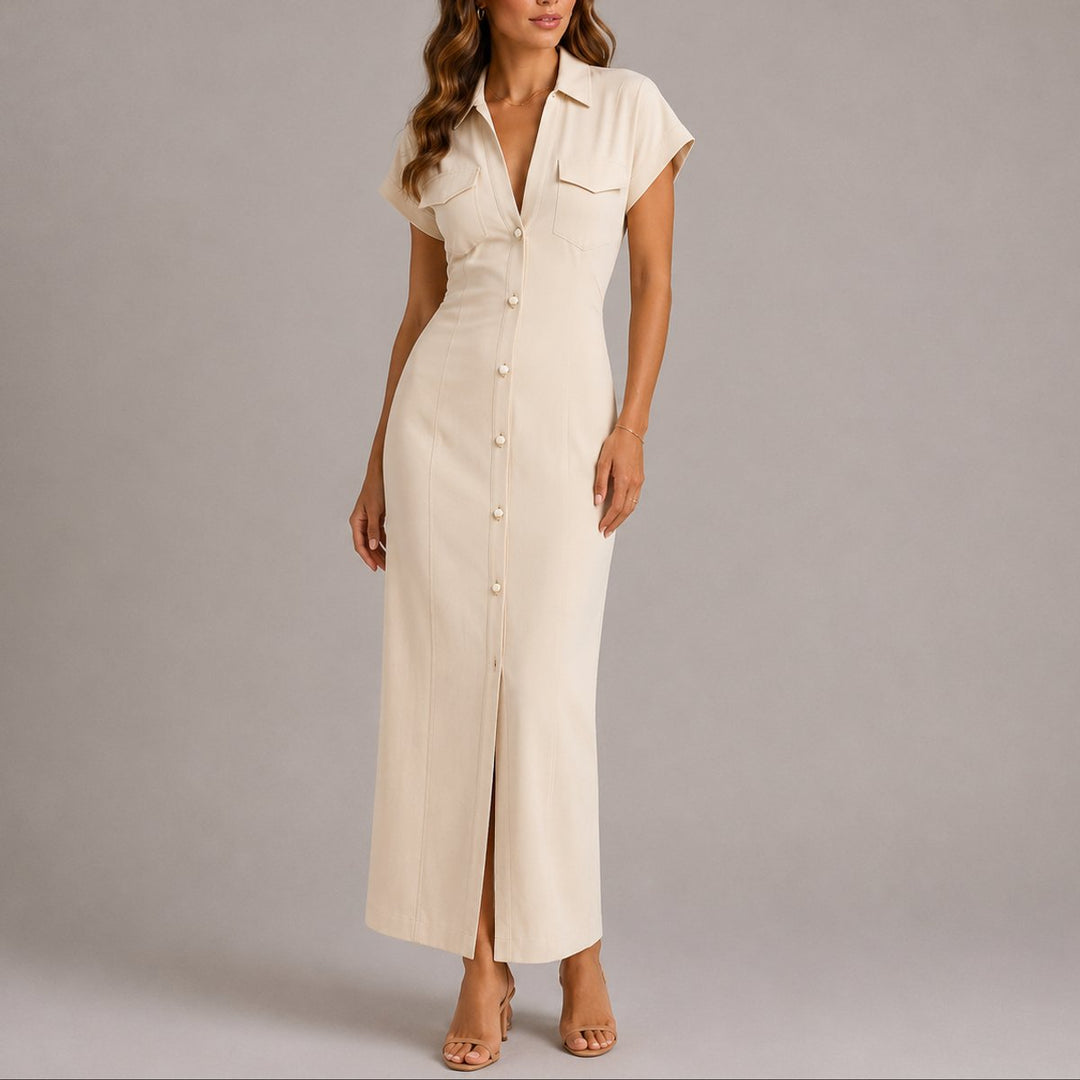 Damen Figurbetontes Maxi-Hemdblusenkleid für Herbst-Hochzeitsgäste - Beige