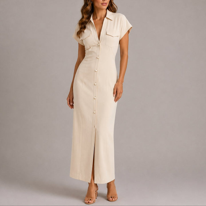 Damen Figurbetontes Maxi-Hemdblusenkleid für Herbst-Hochzeitsgäste - Beige