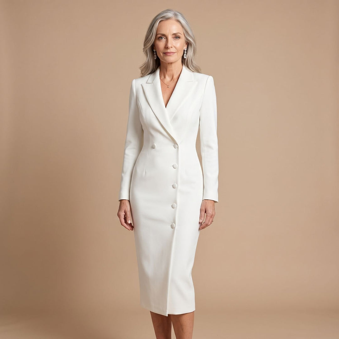 Damen Figurbetontes Midi-Bleistiftkleid mit Blazer-Kragen und Knöpfen - Weiß
