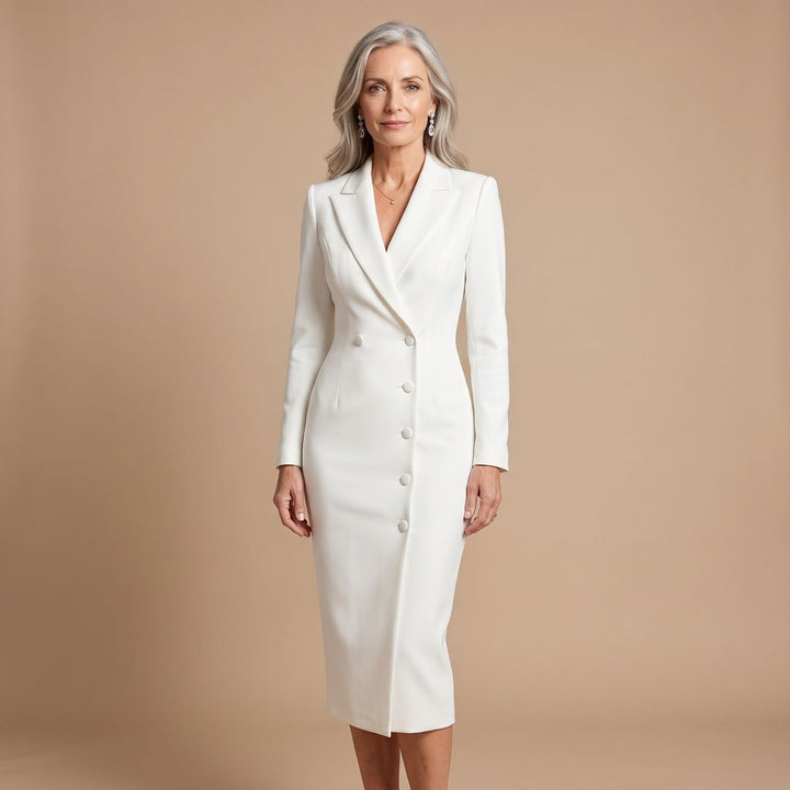 Damen Figurbetontes Midi-Bleistiftkleid mit Blazer-Kragen und Knöpfen - Weiß