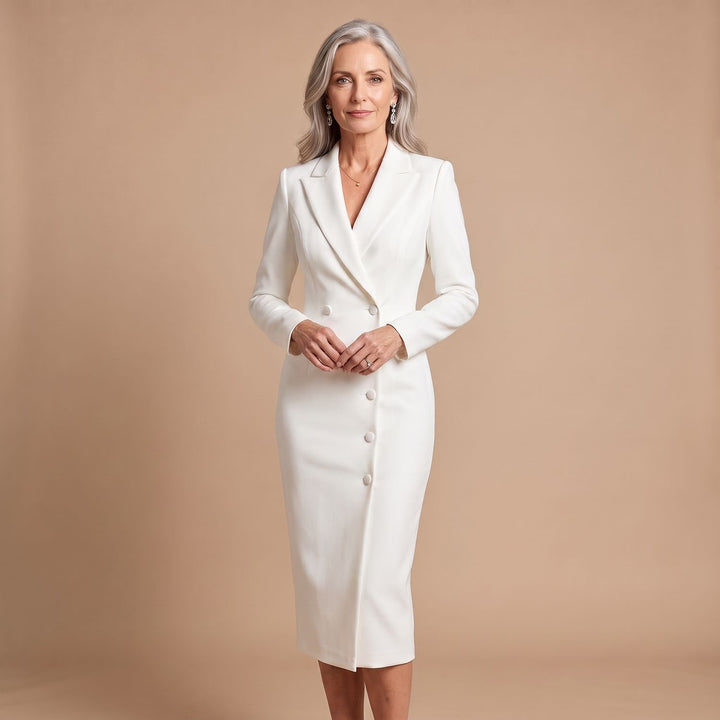 Damen Figurbetontes Midi-Bleistiftkleid mit Blazer-Kragen und Knöpfen