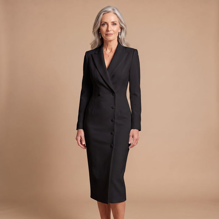 Damen Figurbetontes Midi-Bleistiftkleid mit Blazer-Kragen und Knöpfen - Schwarz