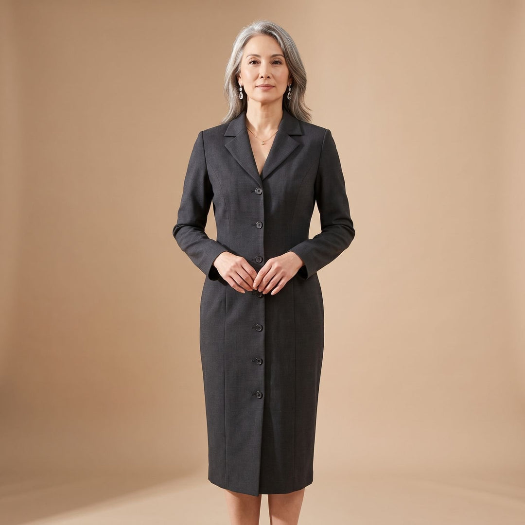 Damen Figurbetontes Midi-Bleistiftkleid mit Blazer-Kragen und Knöpfen