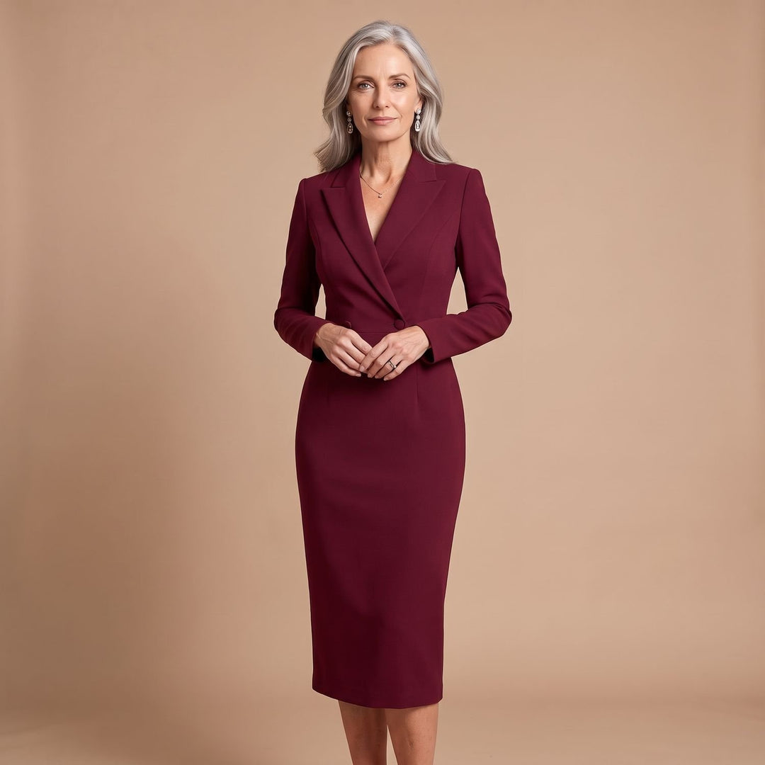 Damen Figurbetontes Midi-Bleistiftkleid mit Blazer-Kragen und Knöpfen - Weinrot